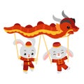 Cartoon vector illustration, Chinese new year characters two rabbits and dragon dance Royalty Free Stock Photo