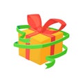 Cartoon vector illustration of a Christmas present. Holiday box with a red ribbon. New Year`s gift. Royalty Free Stock Photo