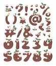 Cartoon vector illustration Christmas Pudding. Hand drawn font. Actual Creative Holidays bake alphabet, numbers and signs