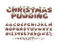 Cartoon vector illustration Christmas Pudding. Hand drawn font. Actual Creative Holidays bake alphabet, numbers and signs