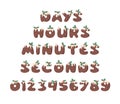 Cartoon vector illustration Christmas Pudding. Hand drawn font. Actual Creative Holidays bake alphabet and words DAYS, HOURS,