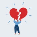 Vector illustration of cruel woman holding big broken heart in two