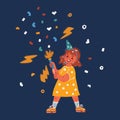 Cartoon vector illustration of Cute c girl playing with sparkler fireworks and celebrating