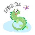 Cartoon vector illustration with cute lizard and butterfly and lettering. Cute running lizard gecko