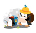 Cartoon vector illustration, Cute Penguins travelers go hiking with backpacks