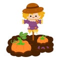 Cartoon vector illustration, Cute scarecrow and pumpkin patch Royalty Free Stock Photo