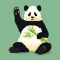 Cartoon vector illustration. Cute smiling giant panda sitting holding green bamboo branch and waving. Black and white asian bear. Royalty Free Stock Photo