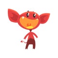 Cartoon flat vector illustration of devil with little horns, big ears, tail and shiny eyes. Red demon with pleasantly Royalty Free Stock Photo