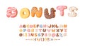 Cartoon vector illustration donut. Hand drawn font with sweet bun. Actual Creative art bake alphabet