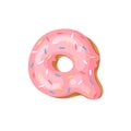 Cartoon vector illustration Donut Letters Q. Hand drawn font with sweet bun. Actual Creative art bake alphabet