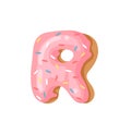 Cartoon vector illustration Donut Letters R. Hand drawn font with sweet bun. Actual Creative art bake alphabet