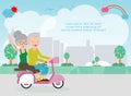 Cartoon vector illustration of elderly couple on motorbike, old people riding on their motorcycle.