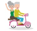 Cartoon vector illustration of elderly couple on motorbike, old people riding on their motorcycle.
