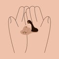 Cartoon vector illustration of giant human hand arm hold sad tiny woman.Help or control concept.Vector flat illustration Royalty Free Stock Photo