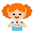 Cartoon vector illustration, A girl with red hair holds an antistress simple dimple toy in hands