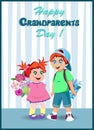 Cartoon vector illustration of grandchildren with flowers and gift box for grandma and grandpa