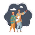 Vector illustration of Group people builder, man and woman with construction tools on dark.