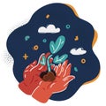 Cartoon vector illustration of Growth concept. Yong little pland in hands