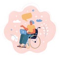 Vector illustration of handicapped woman in wheelchair in a office working on a computer