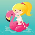 Cartoon Retro Happy Bikini Girl On Flamingo Pool Float Royalty Free Stock Photo