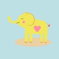 Cartoon vector illustration of happy, cute, yellow baby elephant with heart. Royalty Free Stock Photo