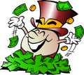 Cartoon Vector illustration of a Happy Golden Egg Mascot sitting in a big pile of Money Royalty Free Stock Photo