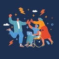 Vector illustration of high five helping to disabled and elderly people. Volunteering concept over dark background