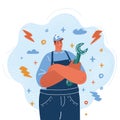 Vector illustration of Illustration of happy plumber, mechanic or handyman in work clothes holding a spanner