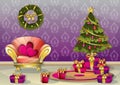 Cartoon vector illustration interior Christmas room with separated layers