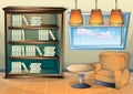 Cartoon vector illustration interior library room with separated layers