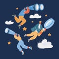 Cartoon vector illustration of Investigation, looking for something concept. Woman and man fly in sky who looking