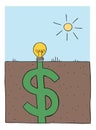 Cartoon vector illustration of light bulb idea is planted in the ground, and it fills up as a big dollar under the ground