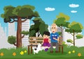 Cartoon vector illustration of a little boy sitting with grandfather and his little dog in the park Royalty Free Stock Photo