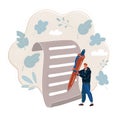 Vector illustration of Man Holding Big Pencil and wright on big paper. Royalty Free Stock Photo