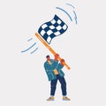 Vector illustration of man holding checkered flag. Racing and finish symbol Royalty Free Stock Photo