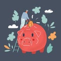 Vector illustration of man holding coin in big pink piggy bank. isolated white Royalty Free Stock Photo