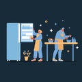 Vector illustration of man and woman cooking delicious meal in restaurant kitchen. Gourmet food.