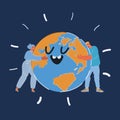 Vector illustration of man and woman hugging planet over dark backround. Royalty Free Stock Photo