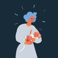 Vector illustration of Mother in tears with baby child Postpartum depression on dark backroud