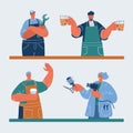 Vector illustration of people of different professions. Plumber, pub bartender, barista, hairdresser