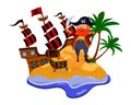 Cartoon vector illustration of a pirate on an island found a treasure chest, isolated on a white background