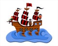 Cartoon vector illustration of pirates sailing on a ship, isolated on a white background Royalty Free Stock Photo