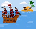Cartoon vector illustration of pirates sailing on a ship to an island, isolated on a white background Royalty Free Stock Photo
