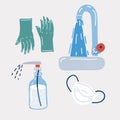 Vector illustration of Prevention set. Rubber gloves, medical mask. Bottle of antiseptic spray. Antibacterial flask