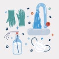 Vector illustration of Prevention set. Rubber gloves, medical mask, bottle of antiseptic spray. Wateting tap for washing