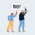 Vector illustration of Protesters standing indignantly with plackard and loudspeacker. Man and woman on white backround.