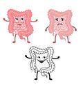 Cartoon vector illustration sad unhealthy sick Intestine and strong healthy happy Intestine. Set stomach character illustration ic