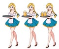 Cartoon vector illustration with sexy blond waitress wearing blue traditional dress. Royalty Free Stock Photo