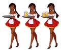 Cartoon vector illustration with sexy brunette waitress wearing red traditional dress. Royalty Free Stock Photo