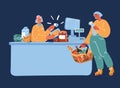 Cartoon vector illustration of Shopping in supermarket. woman cashier in supermarket. Cash register, Cashier and buyer